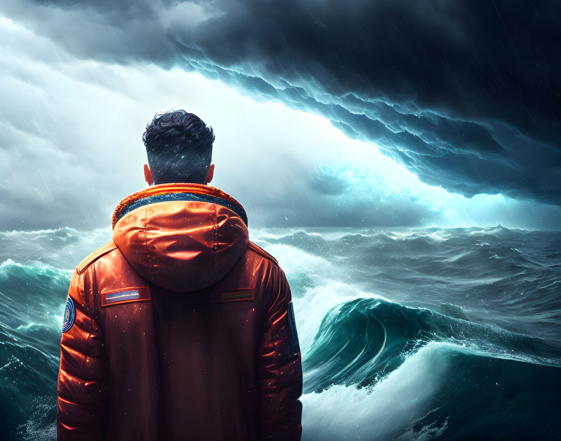 Person in orange jacket facing stormy sea with towering waves