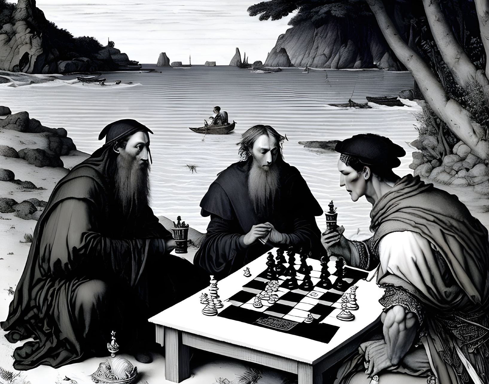 Monochrome illustration of men playing chess by the sea