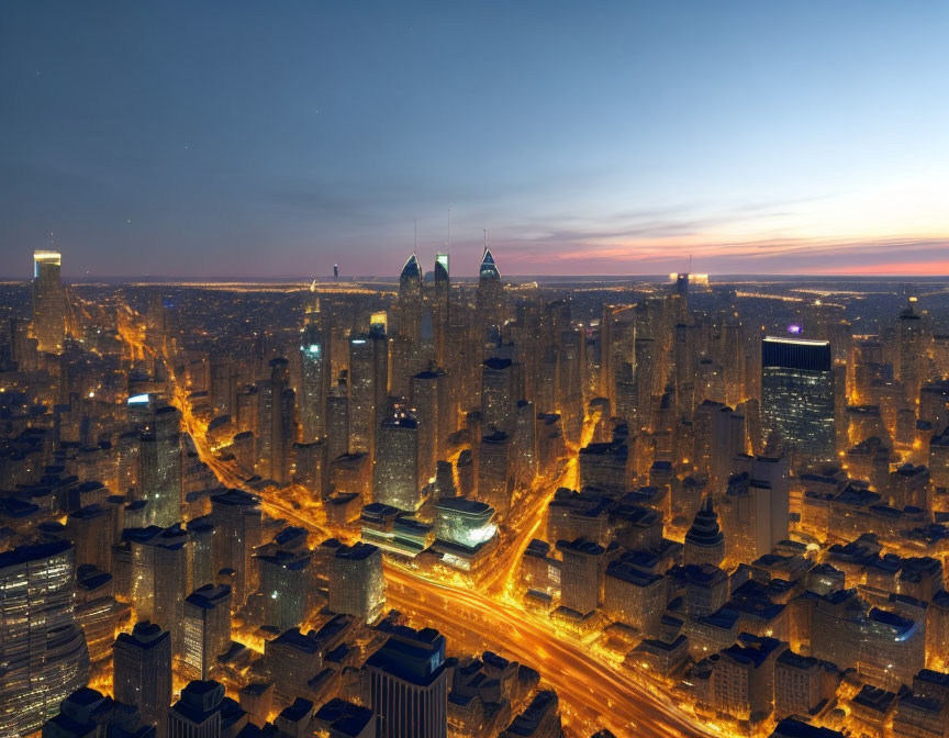 Twilight cityscape with illuminated streets and high-rise buildings