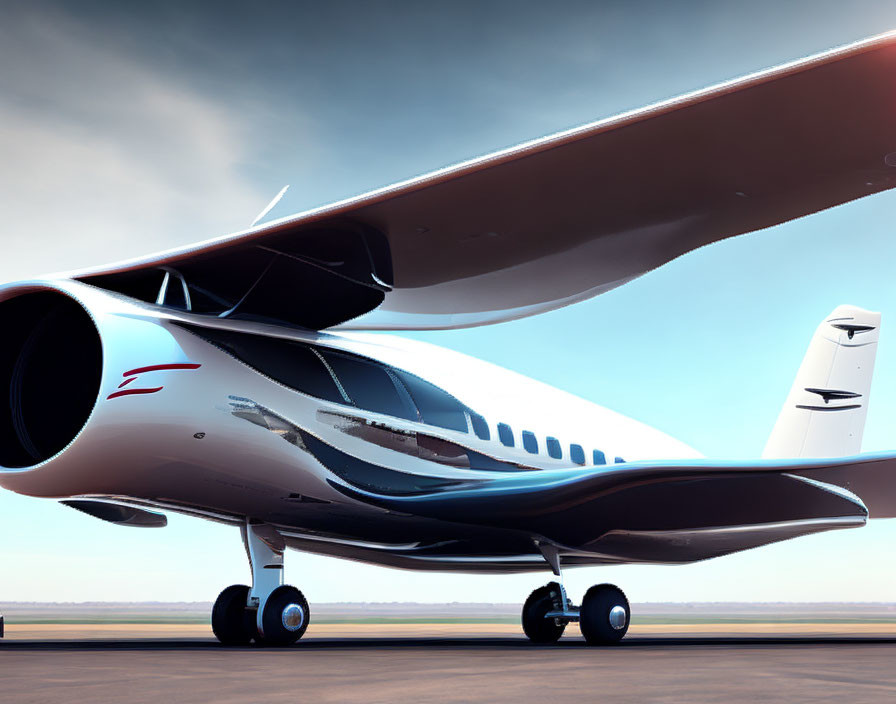 Shiny private jet with reflective wingtip on tarmac