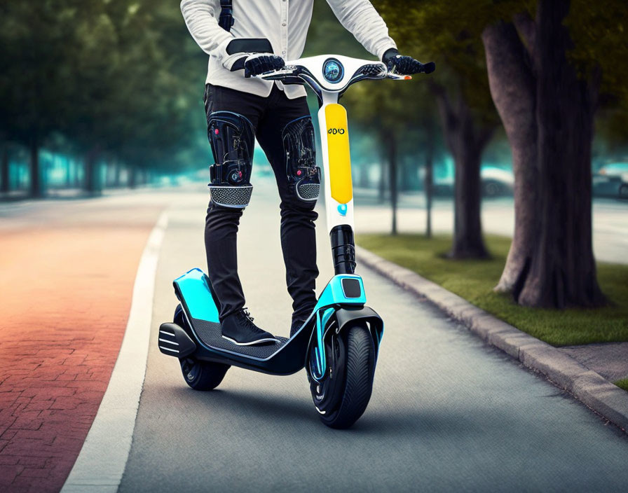 Person on Modern Electric Scooter on Paved Path with Trees