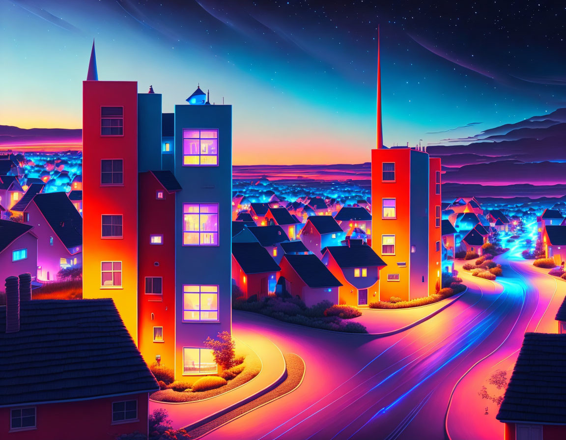 Colorful town at night: Neon-lit streets, tall houses, starry sky