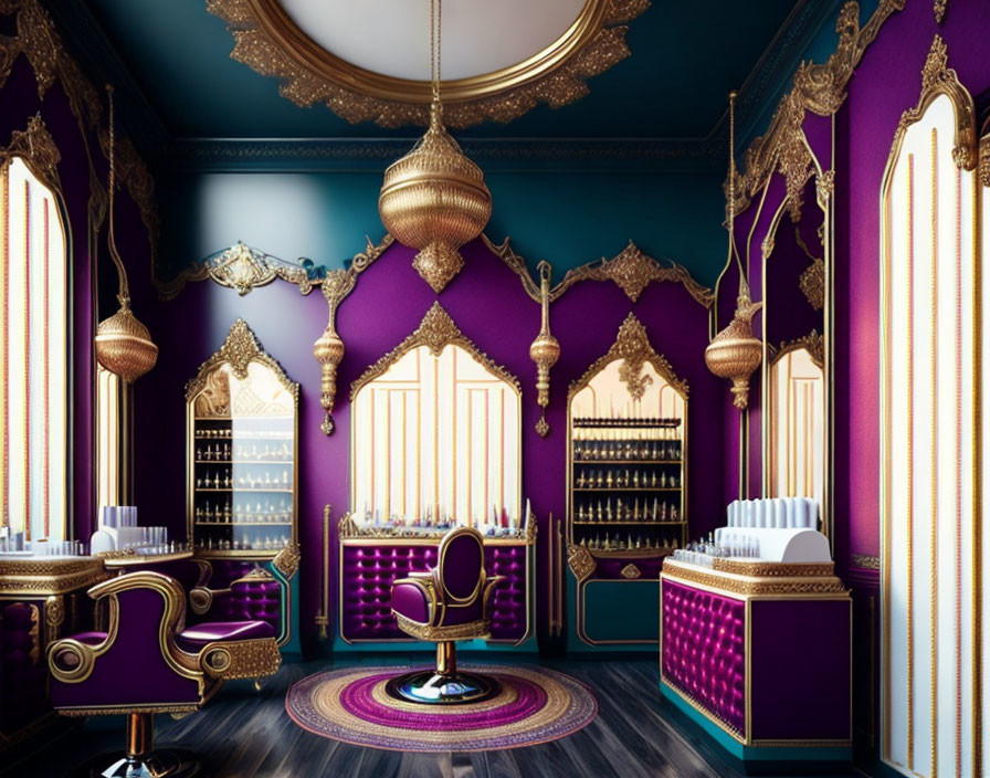 Luxurious Salon Interior with Purple Walls and Gold Accents