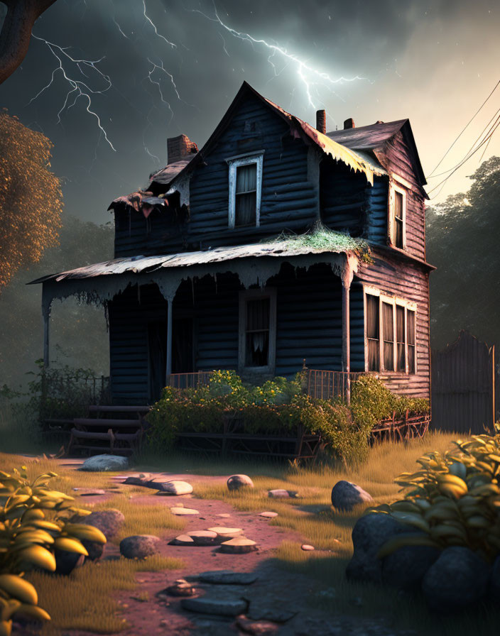 Spooky two-story house in stormy sky with lightning and overgrown vegetation