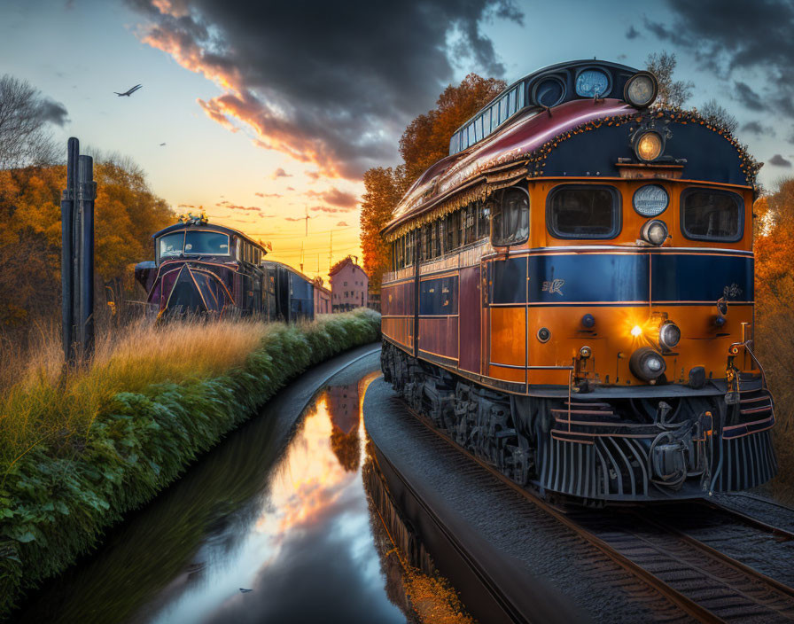 Autumn Sunset Scene: Vintage Trains on Track Amid Vibrant Orange Skies