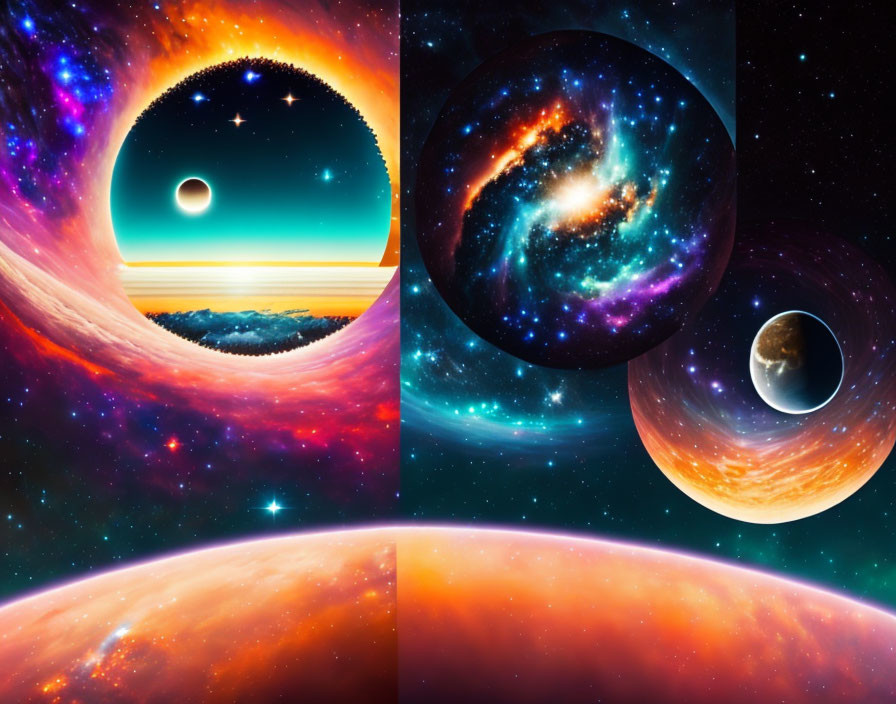 Vibrant cosmic collage with black hole, galaxy, planets, nebulas