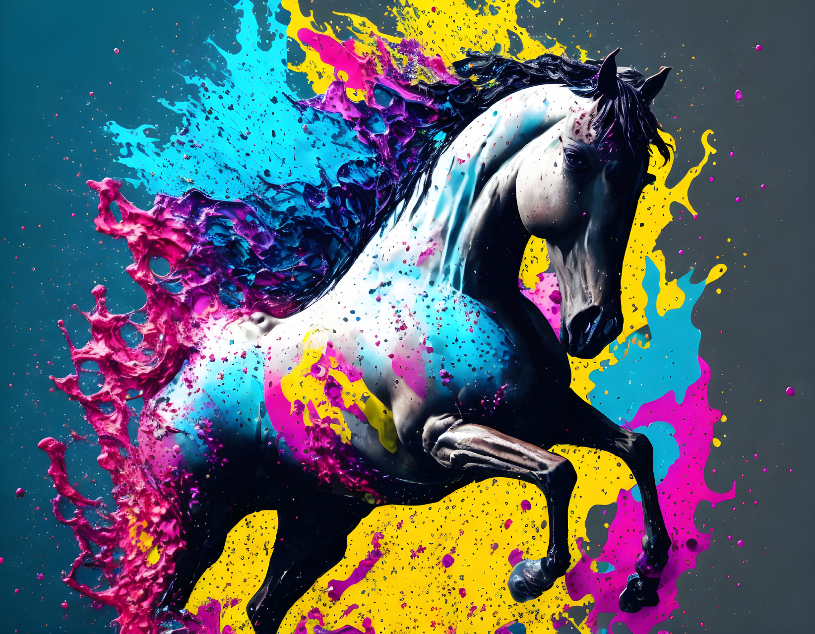 Vibrant multicolored paint blends with horse in dynamic image