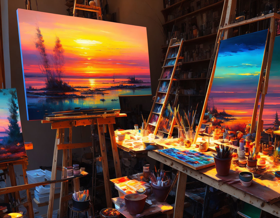 Studio with vivid sunset landscape paintings and art supplies.