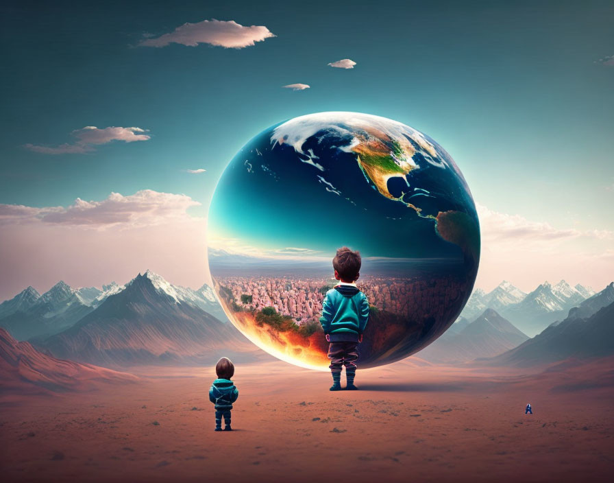 Children in surreal landscape with massive Earth-like sphere.