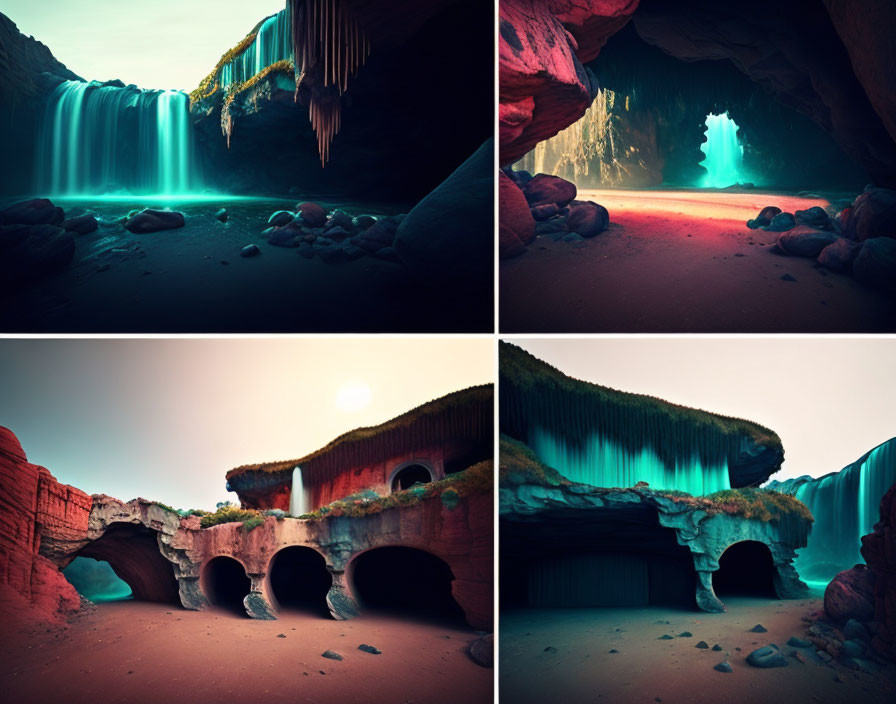 Natural landscapes with waterfalls and cave entrances in unique artistic renditions