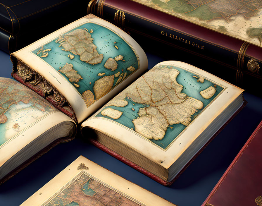 Detailed Antique Atlas and Vintage Books on Dark Surface