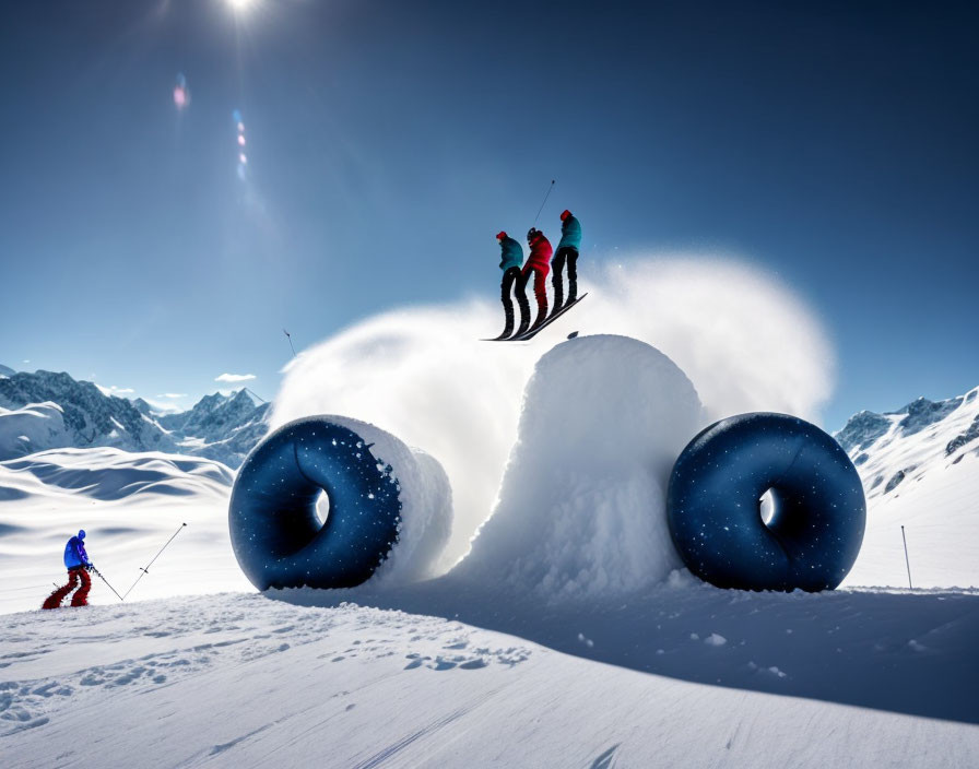 Skiers jump over giant snowy fidget spinner under clear blue sky