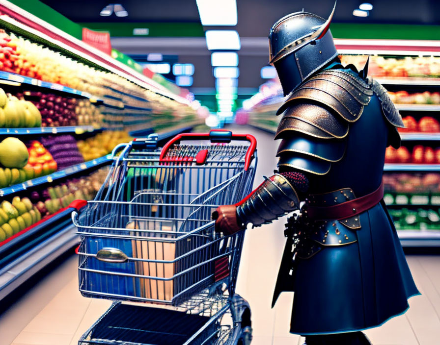 Medieval knight in armor shopping for groceries among fruits and vegetables