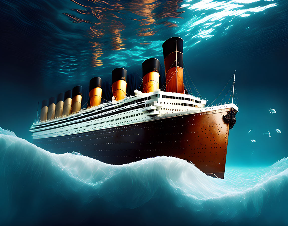 Vintage Ocean Liner Sailing with Surreal Underwater Scene