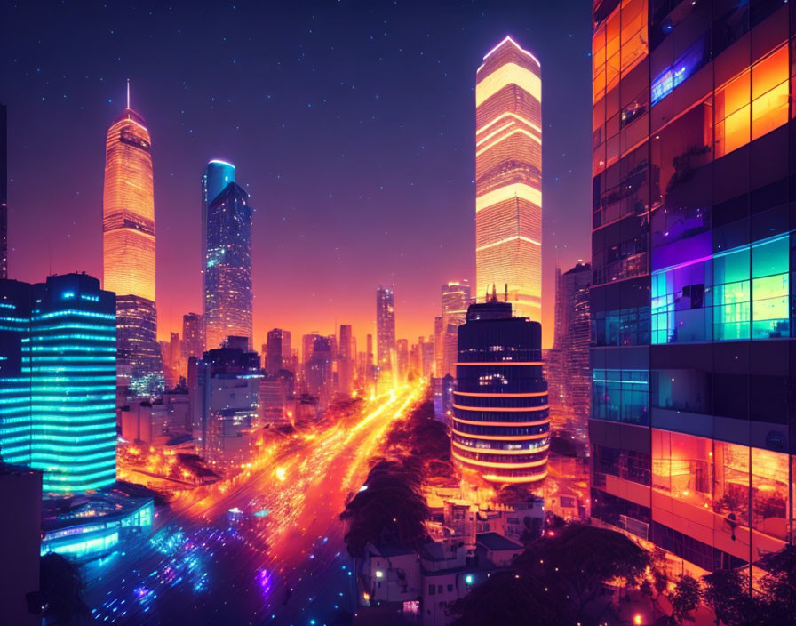 Neon-lit skyscrapers in futuristic cityscape at twilight