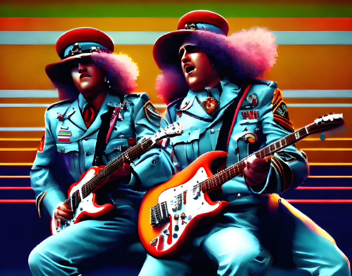 Colorful Cartoon Characters in Military Attire Playing Guitars