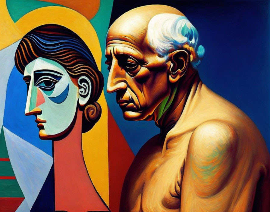 Abstract male and geometric profile woman in colorful painting