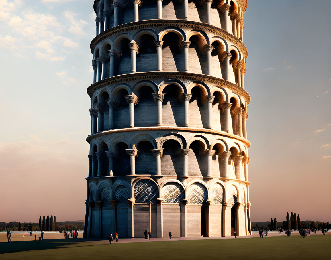 Iconic Leaning Tower of Pisa at Sunset with Visitors and Greenery