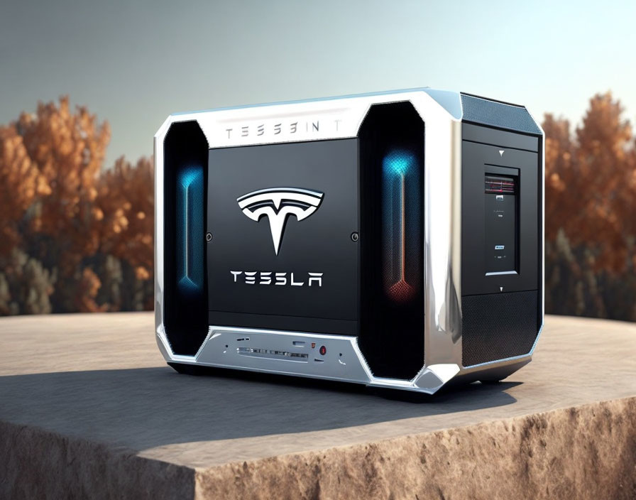 Modern computer case with LED lights, Tesla branding, and futuristic design on wooden surface.