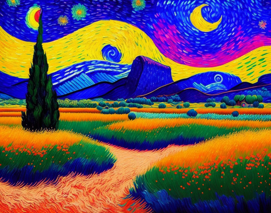 Colorful interpretation of swirling skies and cypress tree in vivid landscape