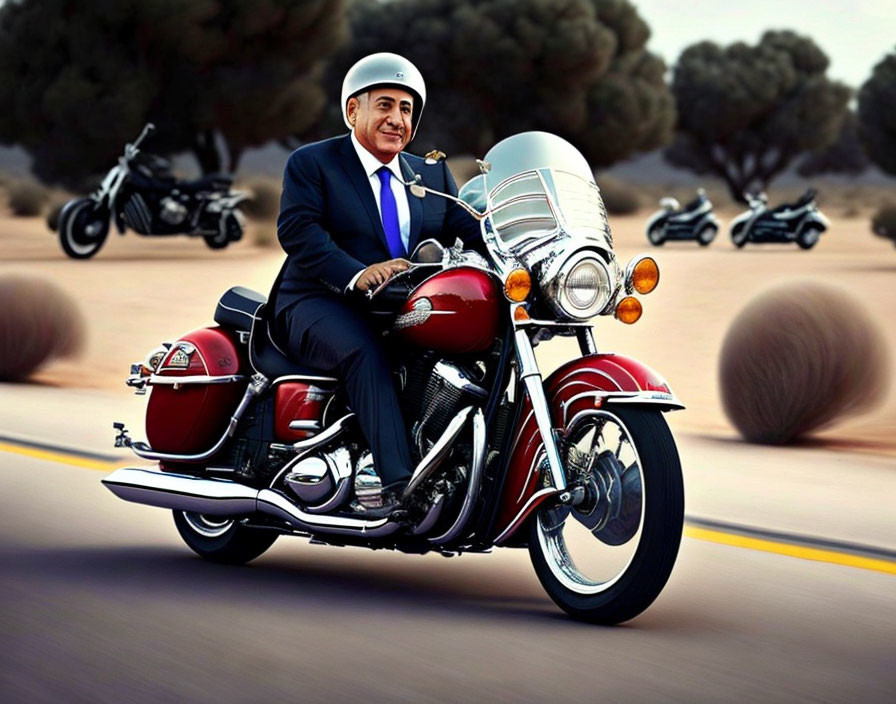 Smiling man in suit on red motorcycle with riders on desert road