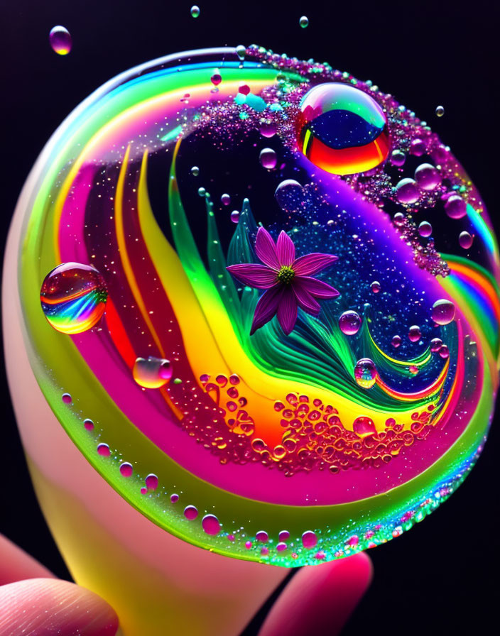 Colorful soap bubble macro with rainbow spectrum and glittering droplets