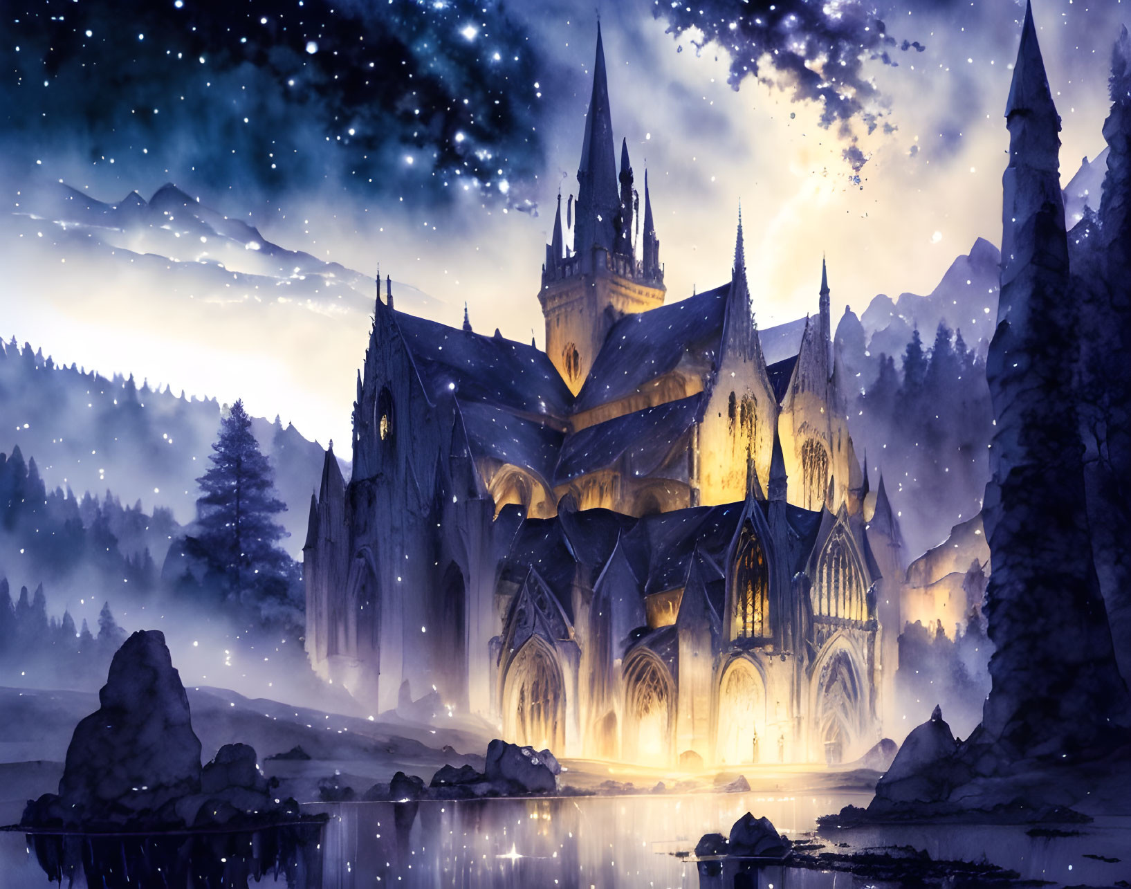 Majestic Gothic castle night scene with illuminated windows and starry sky