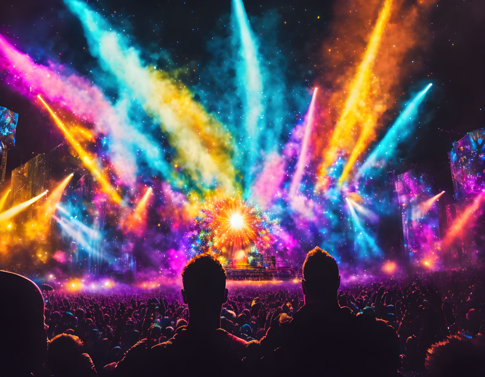 Crowd at concert under multicolored lights