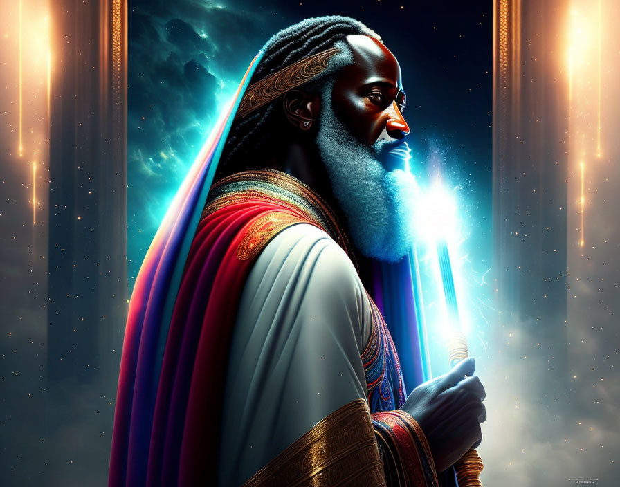 Regal figure with glowing staff and blue beard in ornate robes against celestial background.