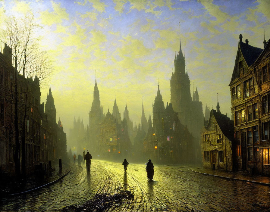 Misty cobblestone street at dusk with silhouettes and gothic-style buildings