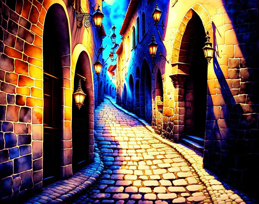 Vibrant painting of cobblestone alley with lantern-lit buildings at dusk