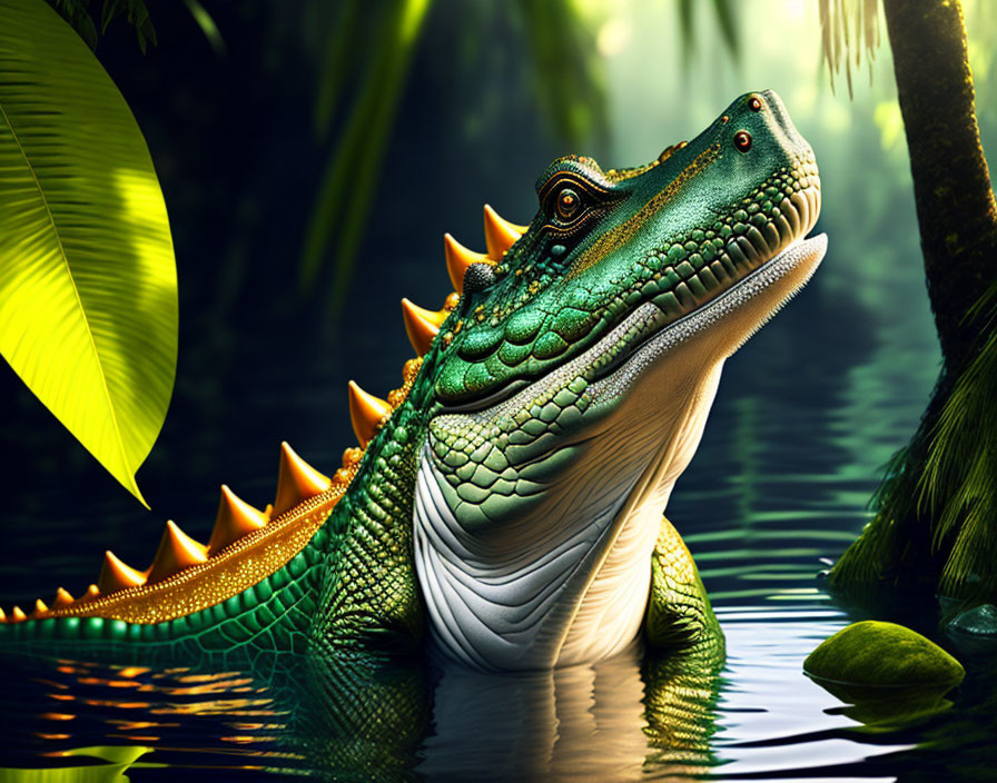 Detailed digital art: Crocodile with intricate skin in lush jungle.