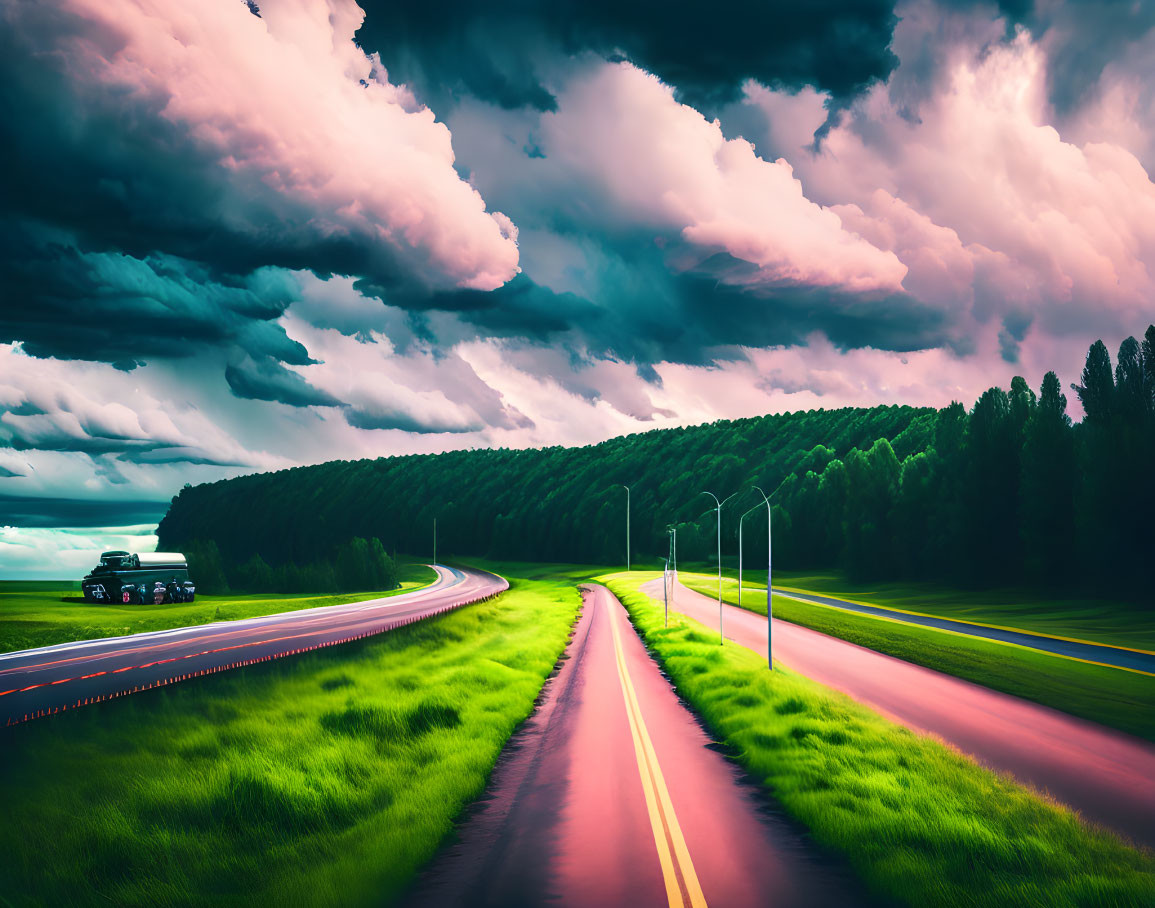 Scenic winding road with vehicle, lush greenery, and dramatic sky