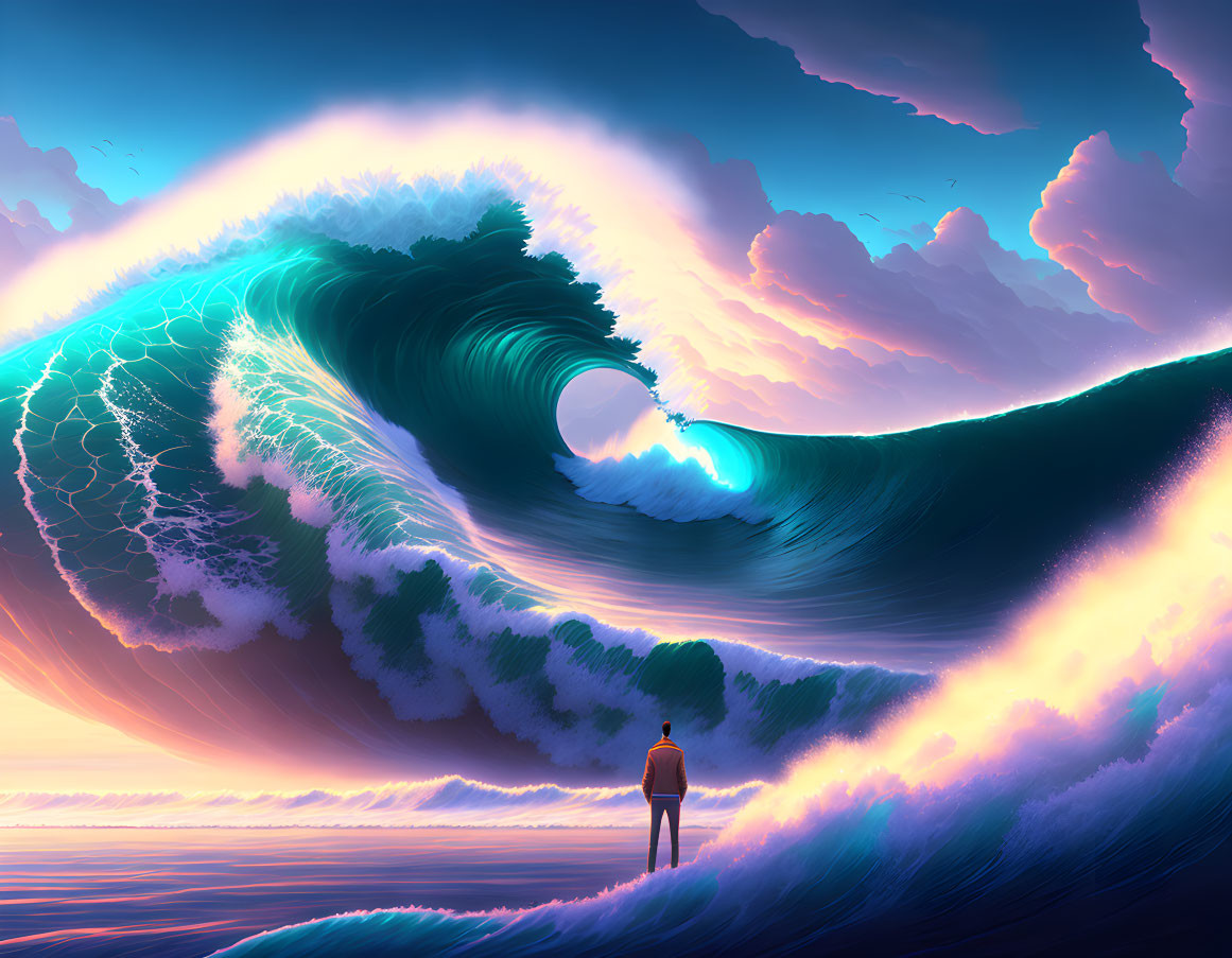 Person faces glowing surreal wave under colorful sky