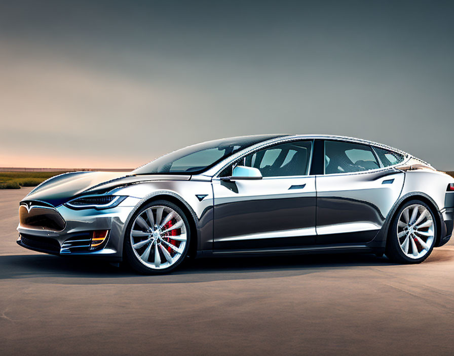 Sleek metallic Tesla Model S with red brake calipers and alloy wheels at dusk