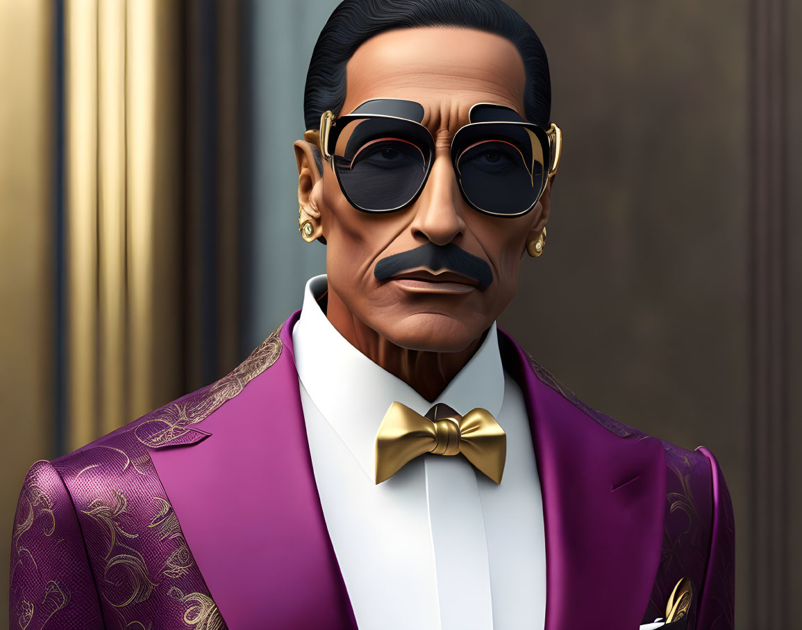 Illustration of a man with mustache in gold sunglasses, purple jacket, and gold bow tie