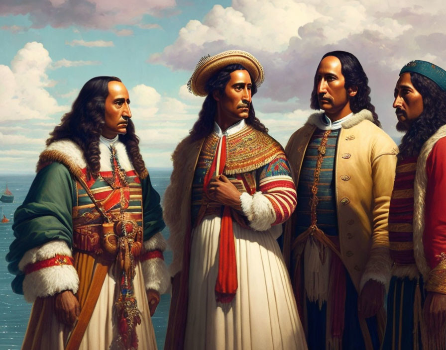 Four indigenous men in traditional clothing by serene sea with distant ships