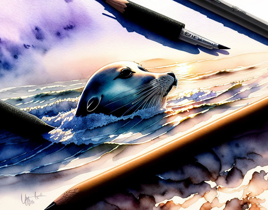 Seal swimming in ocean waves with paintbrushes and pen