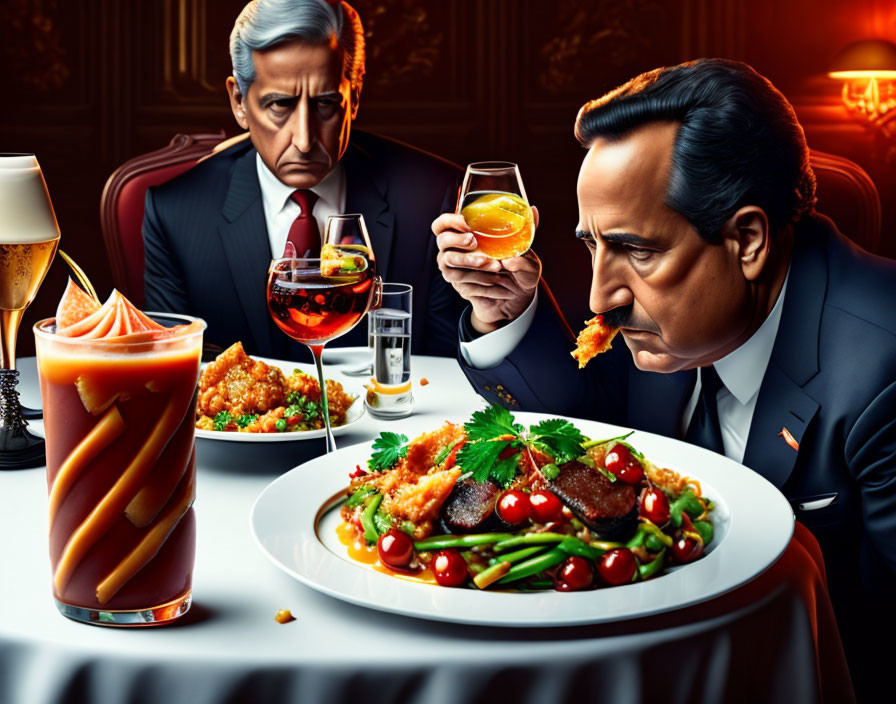 Luxurious animated gentlemen dining with steak, shrimp, and cocktails