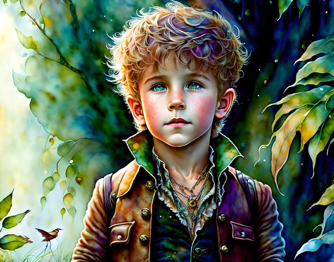 Young boy with curly hair and blue eyes in nature scene with bird.