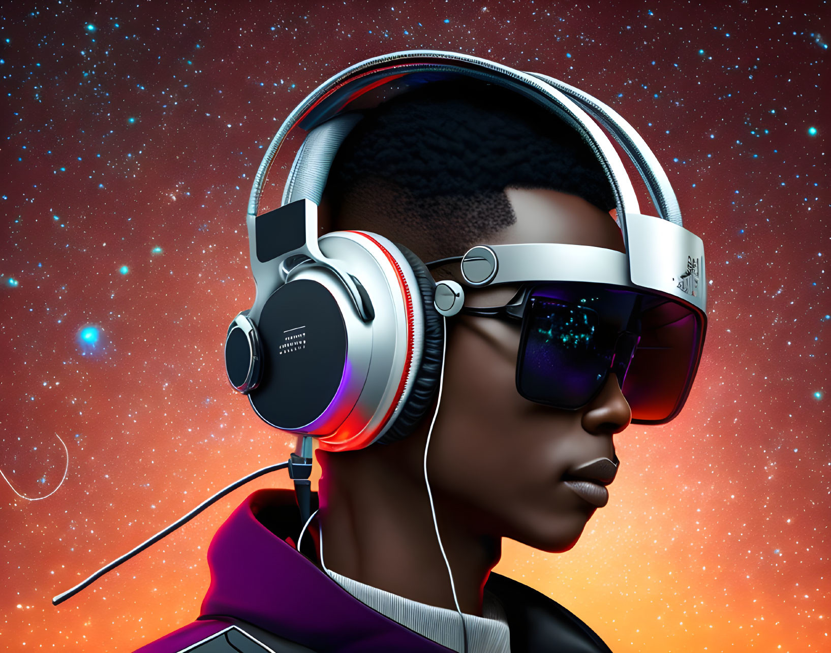 Digital art portrait of person with headphones and sunglasses in cosmic setting