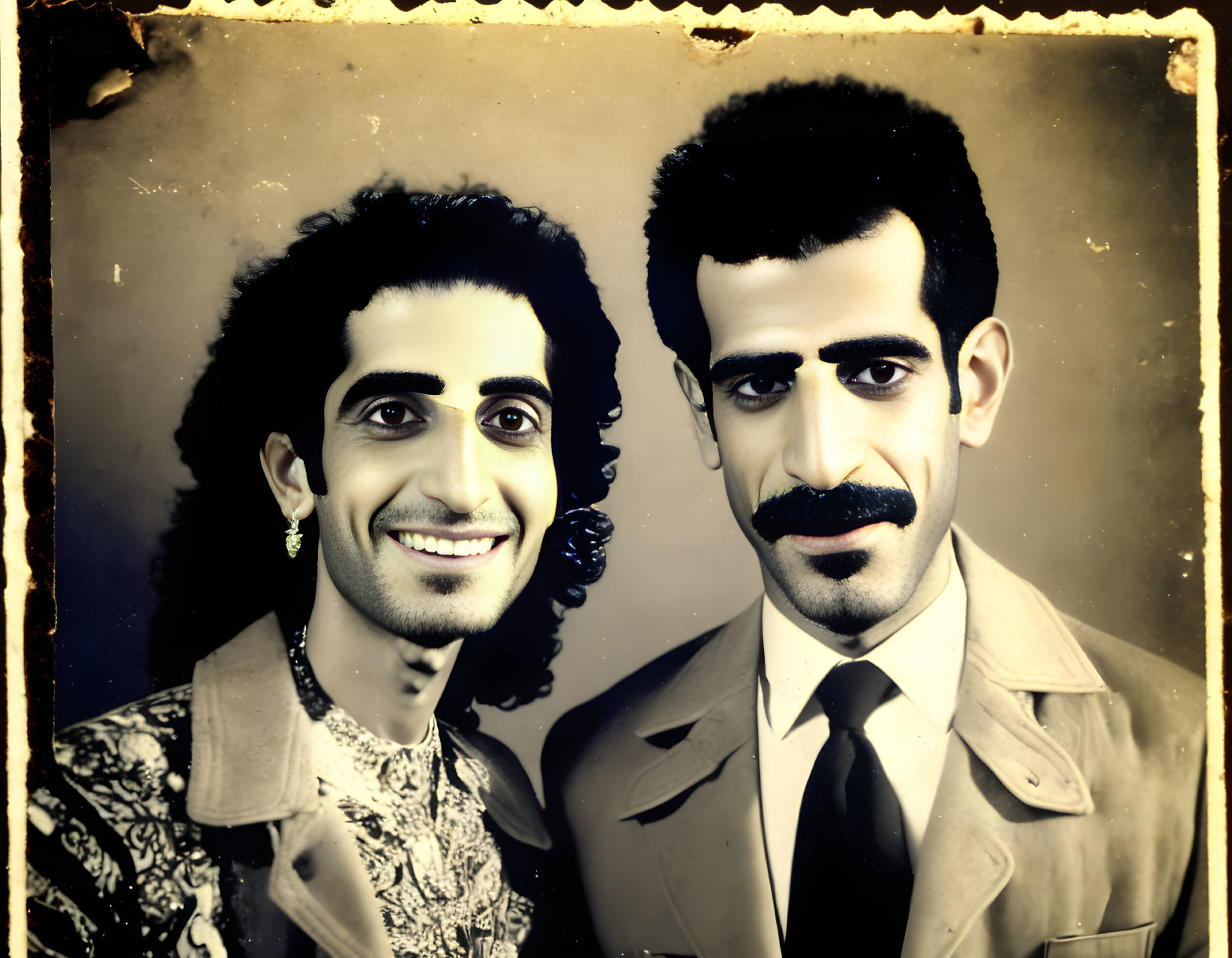 Vintage Portrait: Two Men with Curly Hair and Mustache in Sepia Background