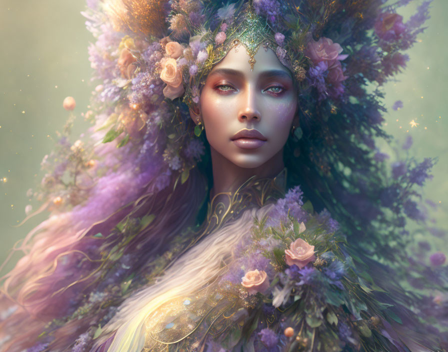 Ethereal woman with floral headdress and golden jewelry in mystical glow