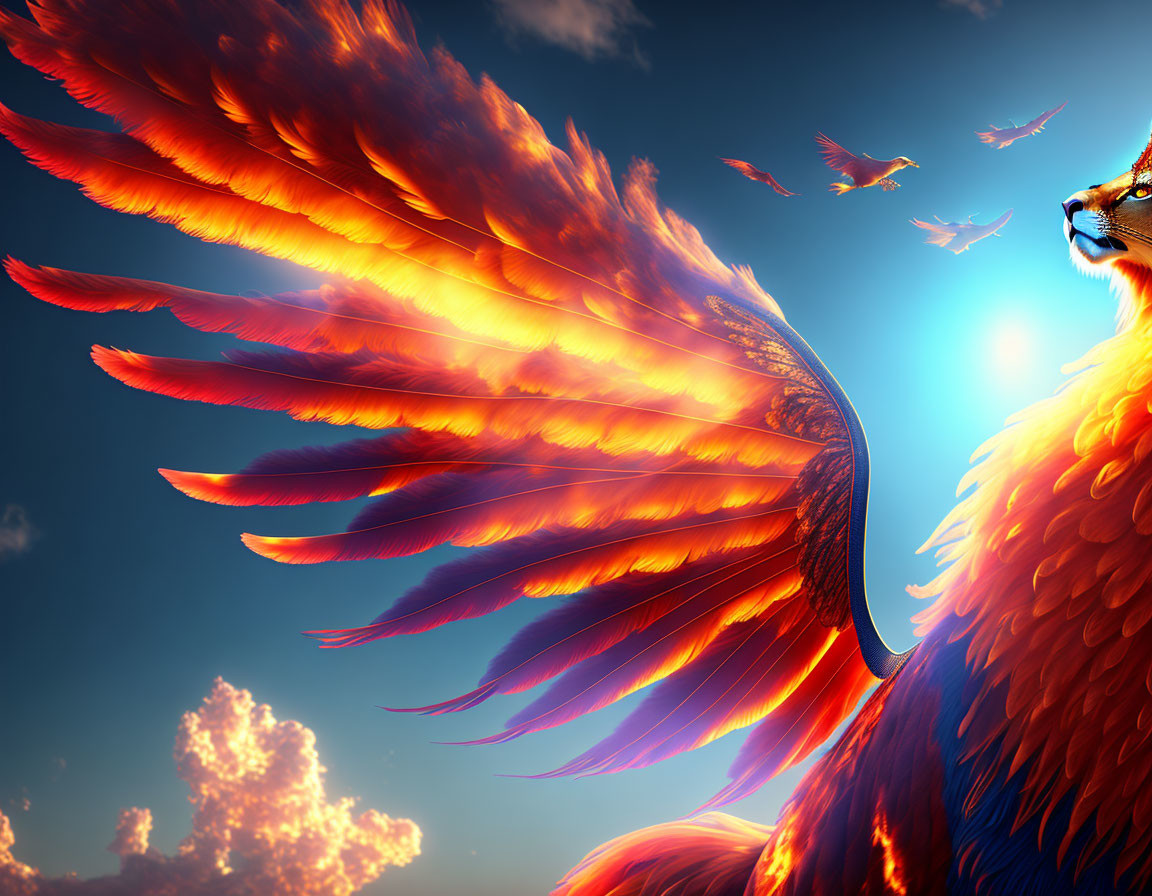 Majestic phoenix flying with fiery wings in vibrant sky