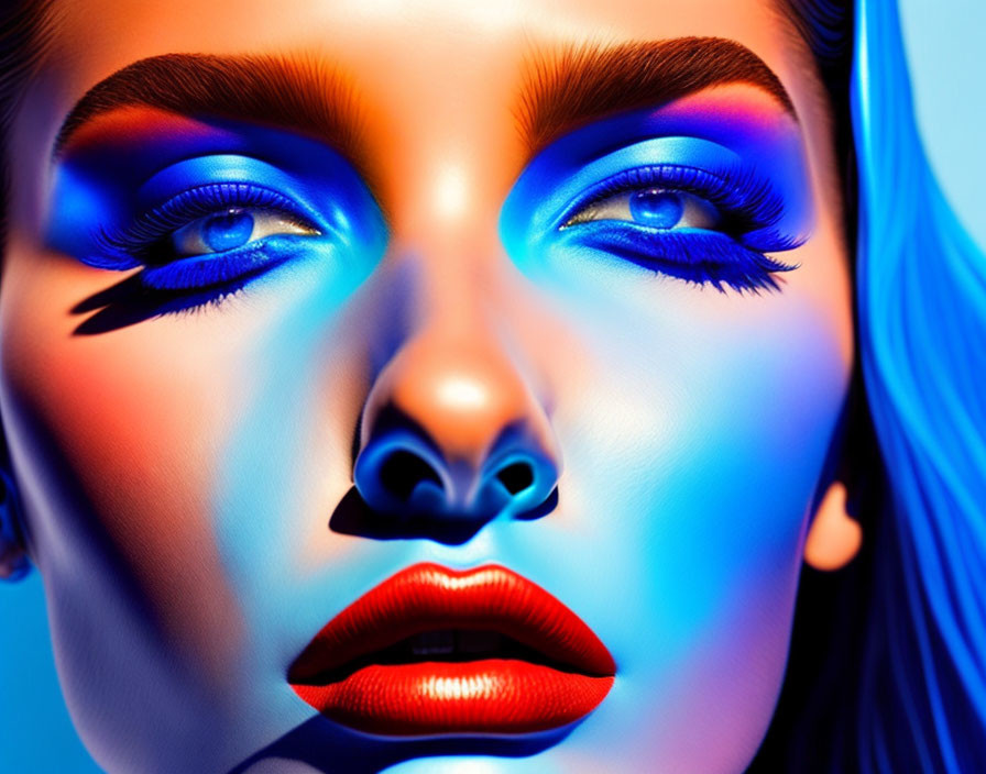 Detailed close-up of woman's face with vibrant blue eyeshadow, bold eyelashes, and red