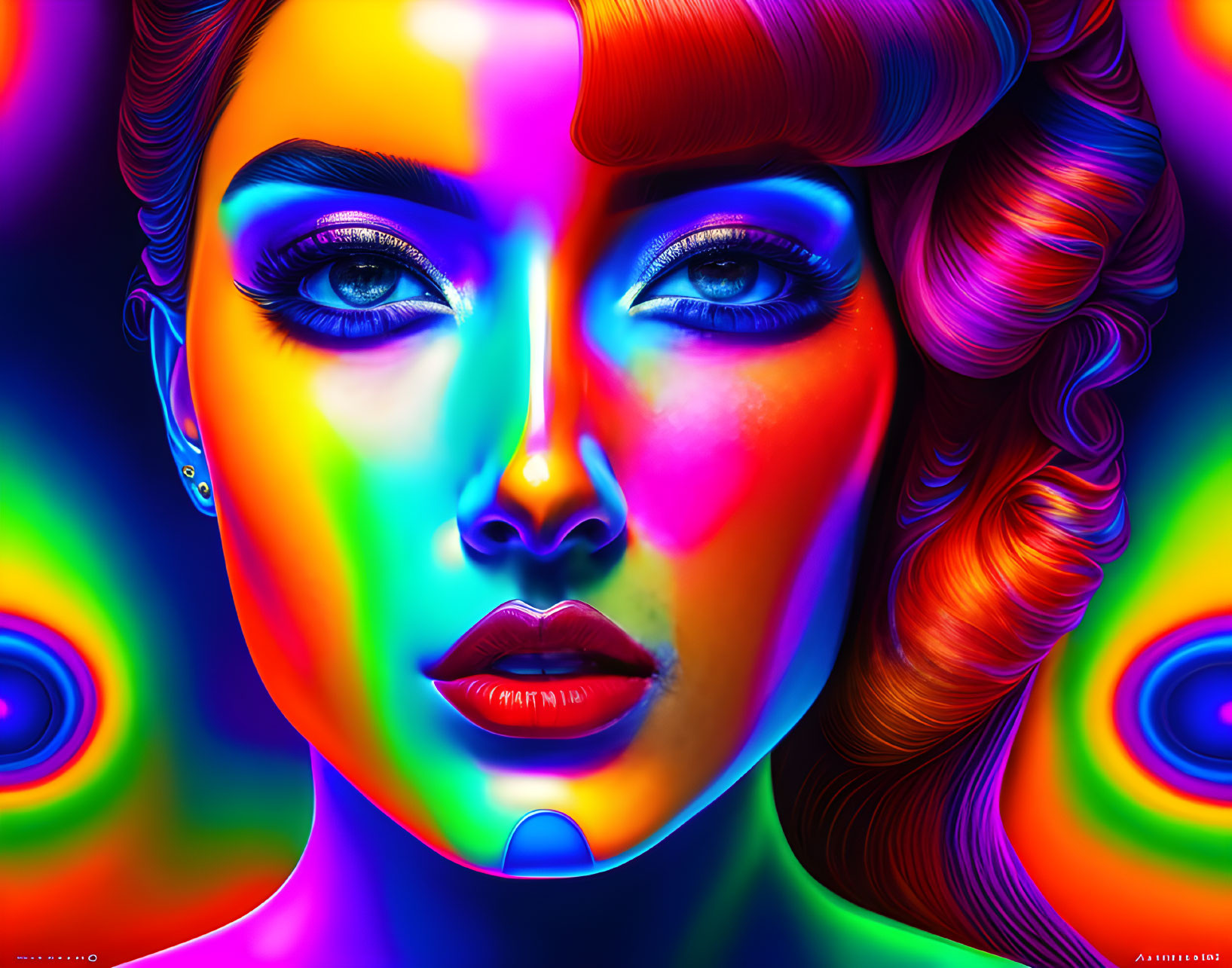 Vibrant neon digital art portrait of a woman with swirling patterns