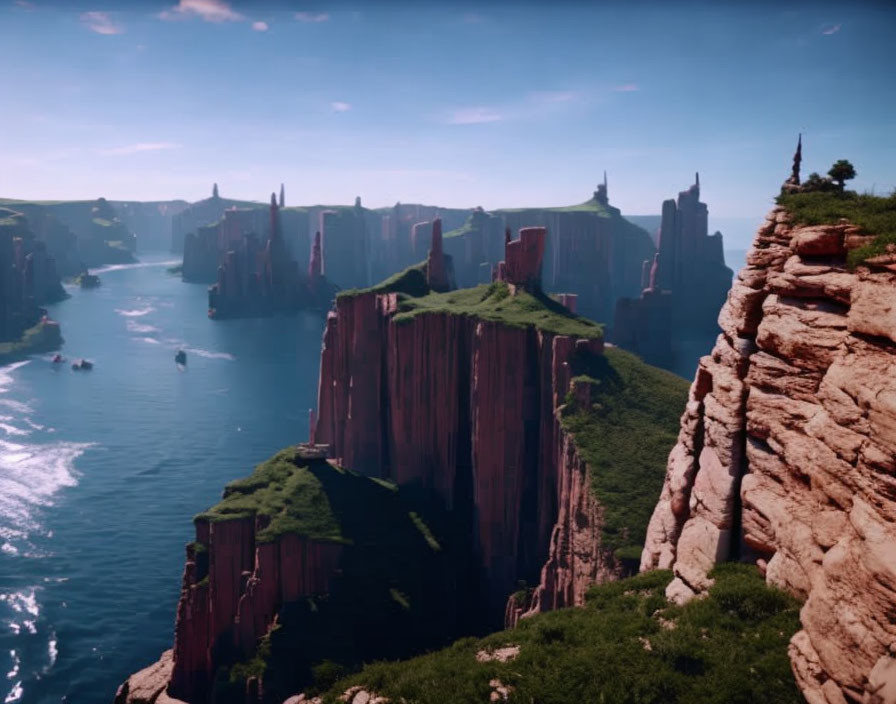 Fantastical landscape with towering cliffs, green plateaus, winding river, and distant spires.