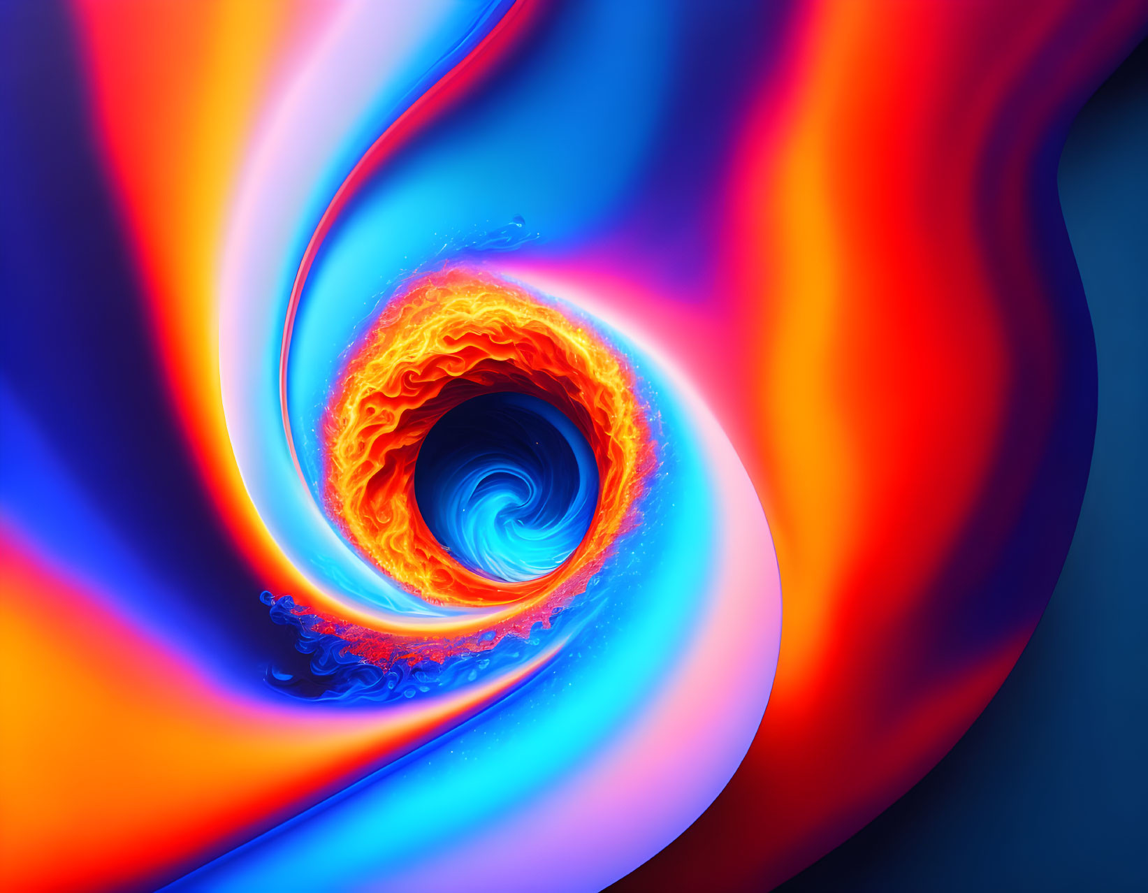 Abstract swirling vortex with fiery orange, red, and blue hues