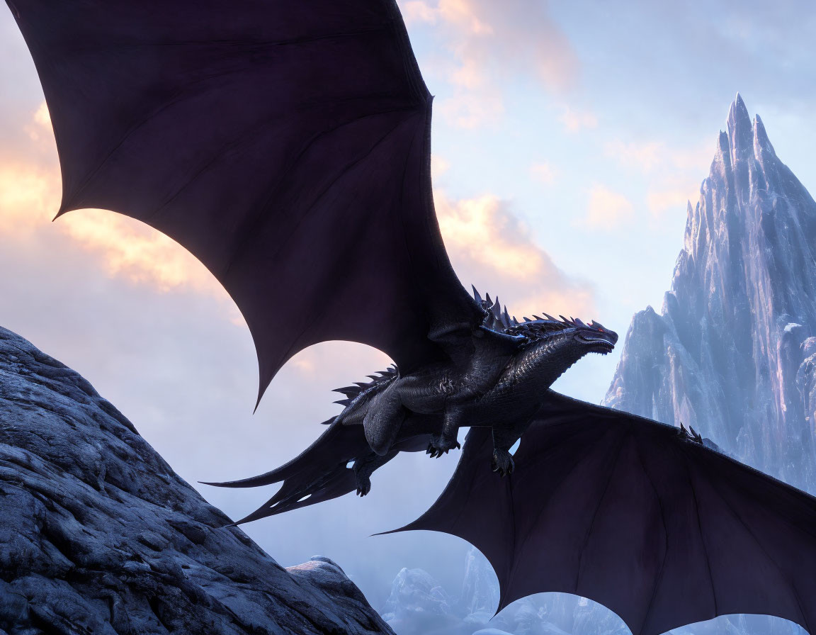 Majestic dragon with expansive wings on rocky outcrop under dusky sky