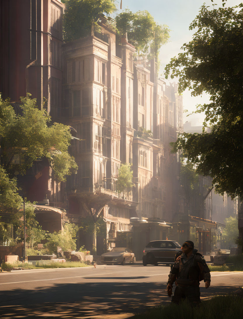 Post-apocalyptic urban landscape with overgrown buildings and lone survivor amidst abandoned cars and sunlight beams.